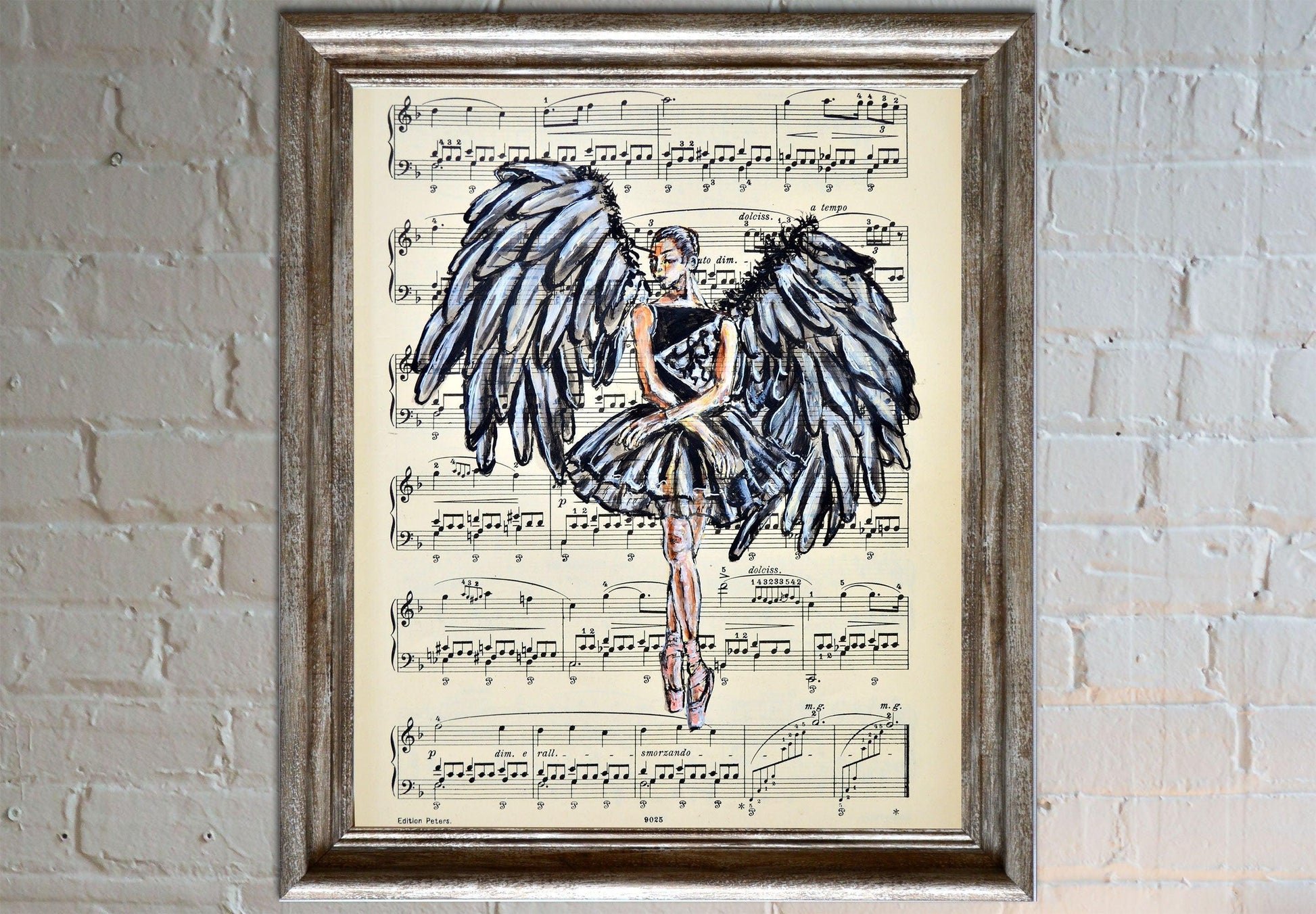 Framed Ballerina XLII - Original Painting on Vintage Sheet Music Page - ArtCursor