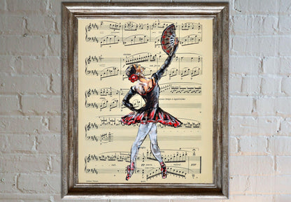 Framed Ballerina XL - Original Painting on Vintage Sheet Music Page - ArtCursor
