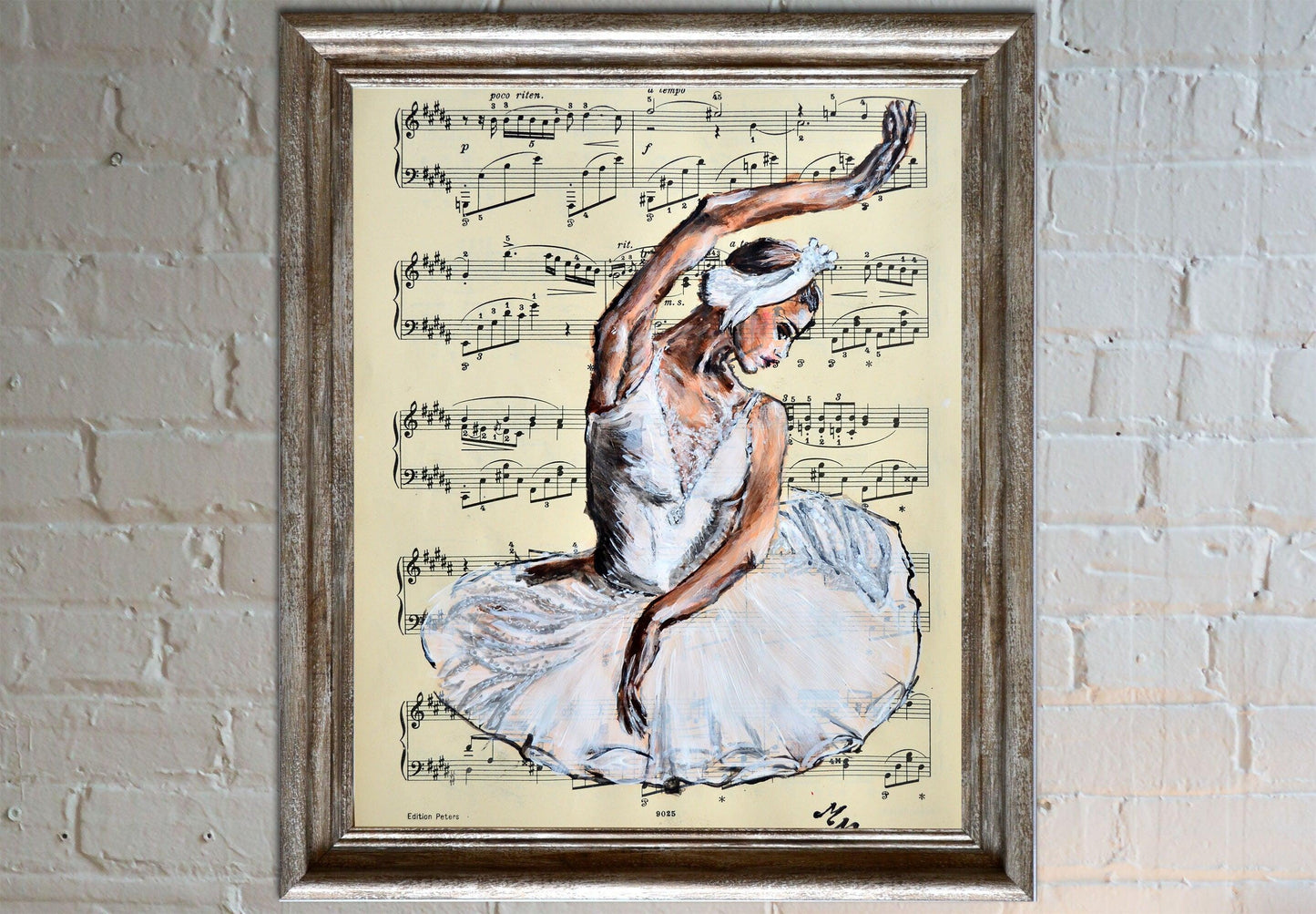 Framed Ballerina XXXIII - Original Painting on Vintage Sheet Music Page - ArtCursor
