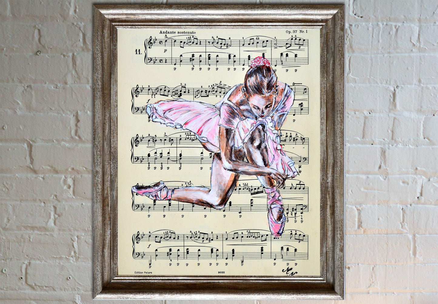 Framed Ballerina XXVIII - Original Painting on Vintage Sheet Music Page - ArtCursor