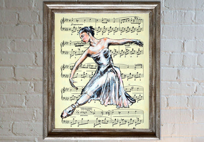 Framed Ballerina XXVII - Original Painting on Vintage Sheet Music Page - ArtCursor