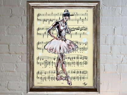 Framed Ballerina XXV - Original Painting on Vintage Sheet Music Page - ArtCursor