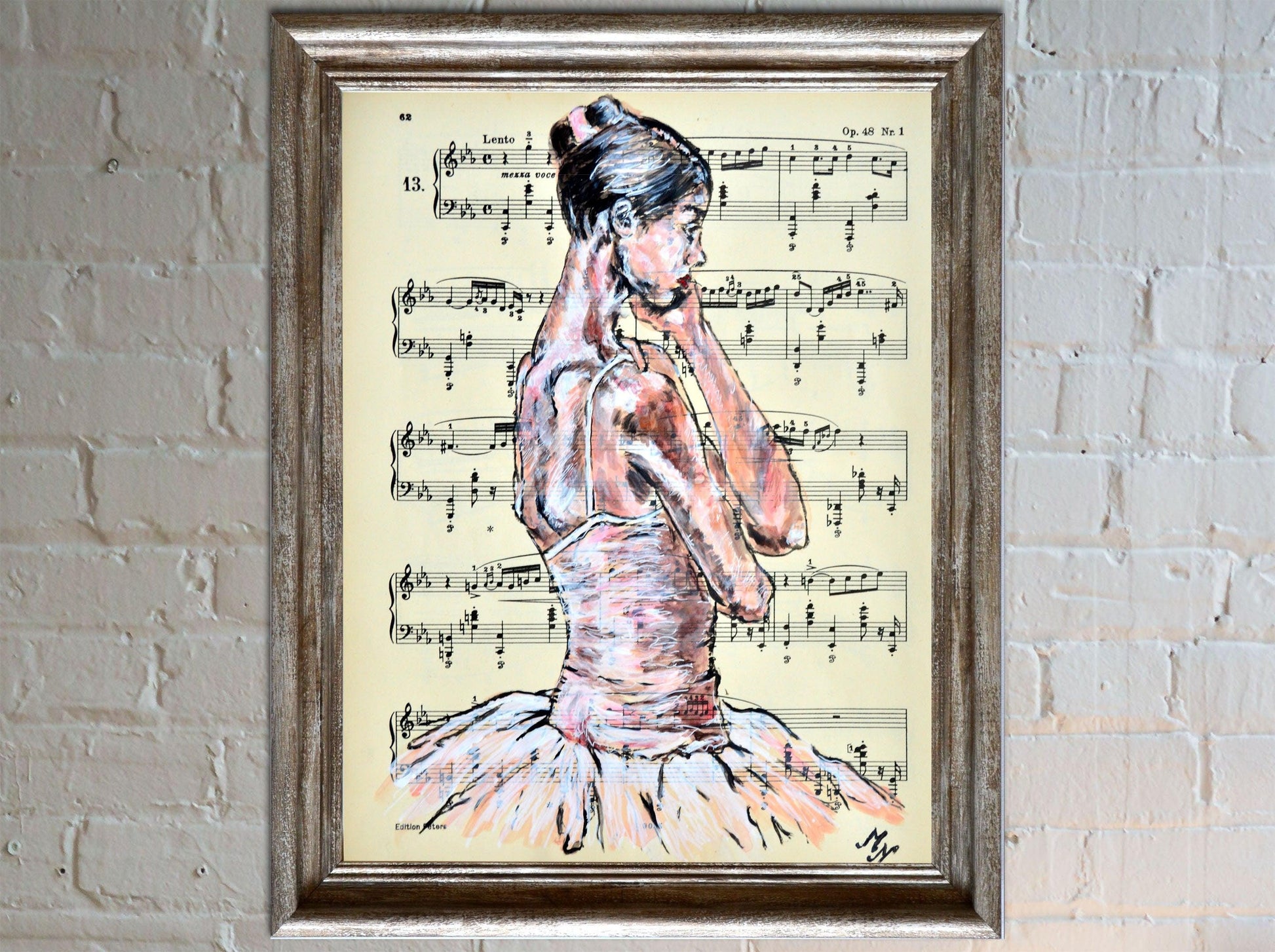 Framed Ballerina XXIV - Original Painting on Vintage Sheet Music Page - ArtCursor