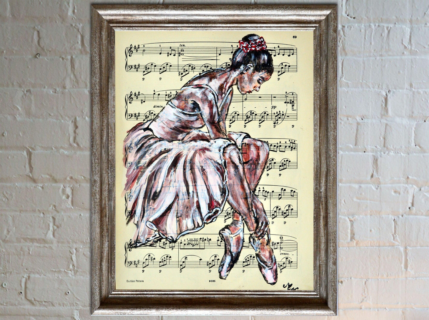 Framed Ballerina XXII - Original Painting on Vintage Sheet Music Page - ArtCursor
