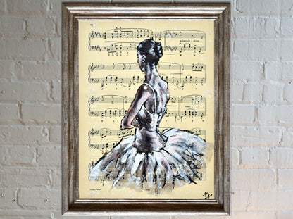 Framed Ballerina XX - Original Painting on Vintage Sheet Music Page