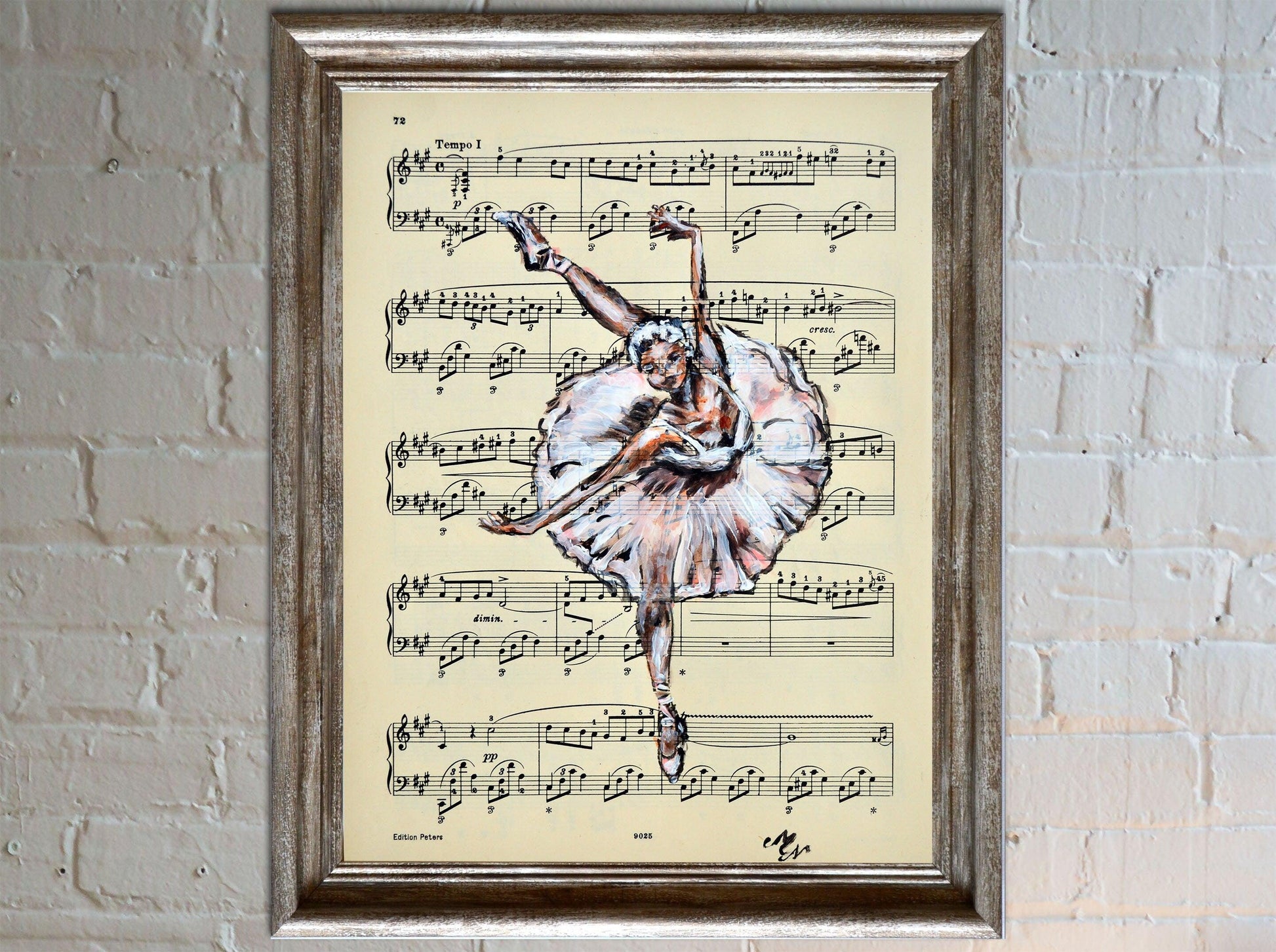 Framed Ballerina XVIII - Original Painting on Vintage Sheet Music Page - ArtCursor