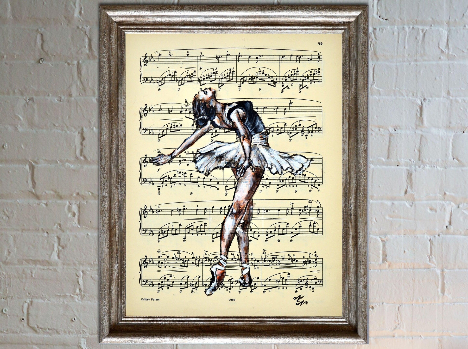 Framed Ballerina XV - Original Painting on Vintage Sheet Music Page - ArtCursor