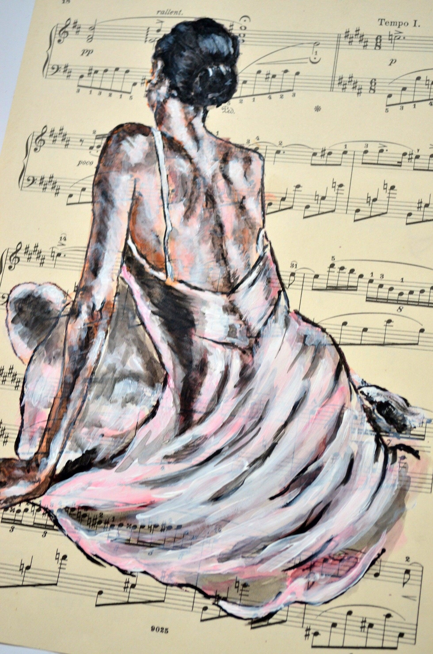 Framed Ballerina III - Original Painting on Vintage Sheet Music Page - ArtCursor