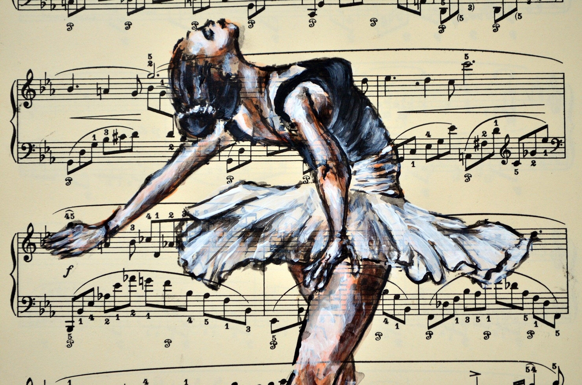 Framed Ballerina XV - Original Painting on Vintage Sheet Music Page - ArtCursor