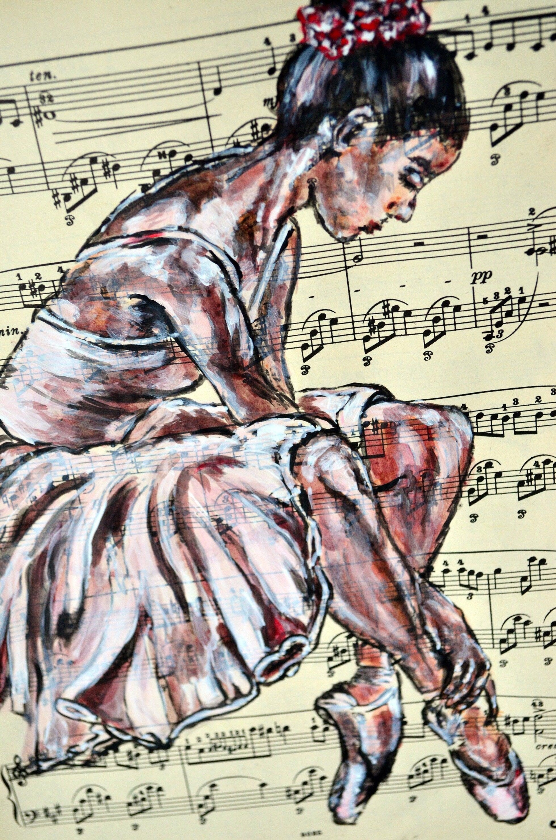 Framed Ballerina XXII - Original Painting on Vintage Sheet Music Page - ArtCursor