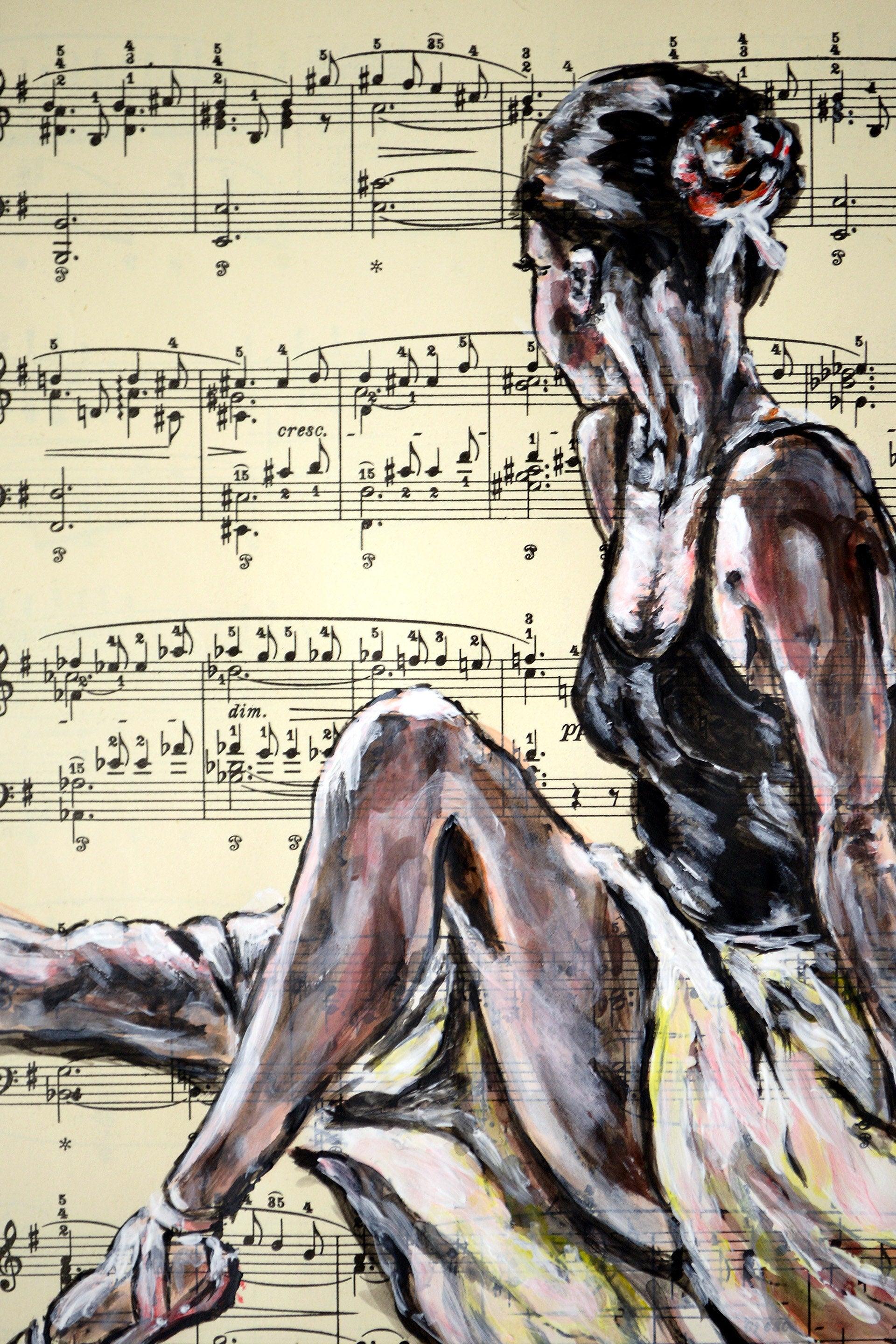 Framed Ballerina XXIII - Original Painting on Vintage Sheet Music Page - ArtCursor