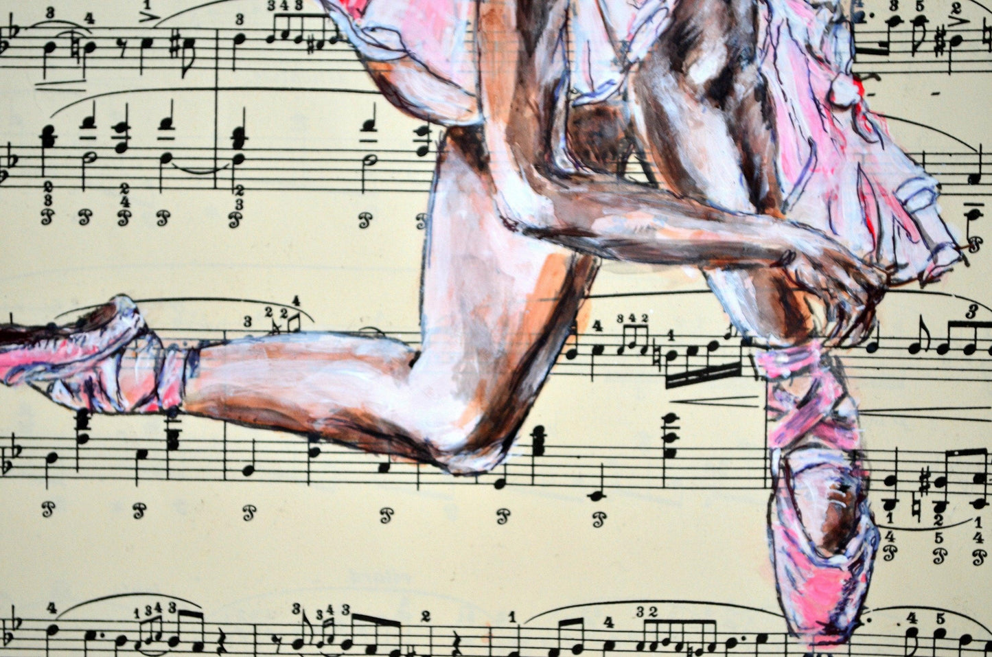 Framed Ballerina XXVIII - Original Painting on Vintage Sheet Music Page - ArtCursor