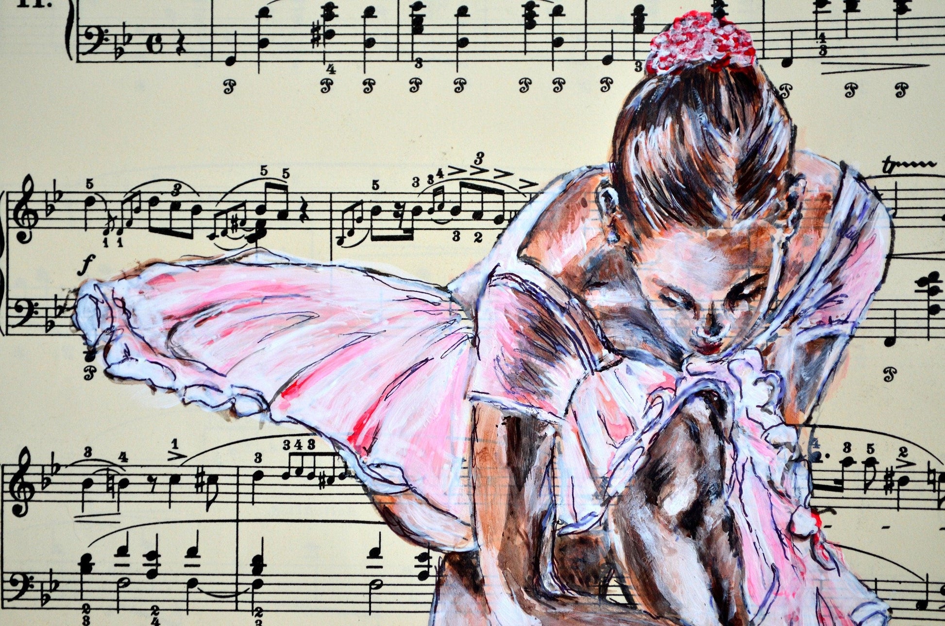 Framed Ballerina XXVIII - Original Painting on Vintage Sheet Music Page - ArtCursor