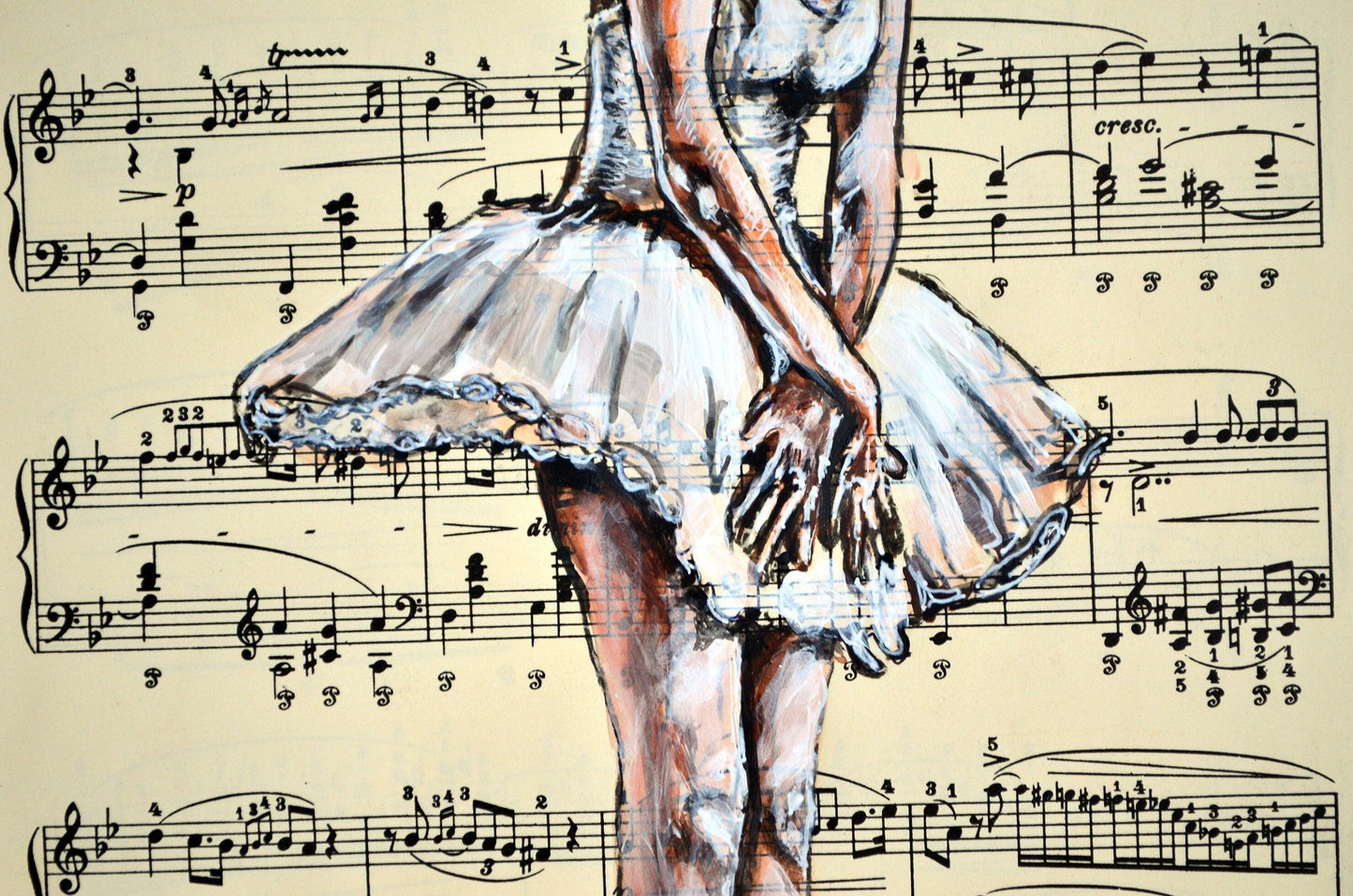Framed Ballerina XXIX - Original Painting on Vintage Sheet Music Page - ArtCursor