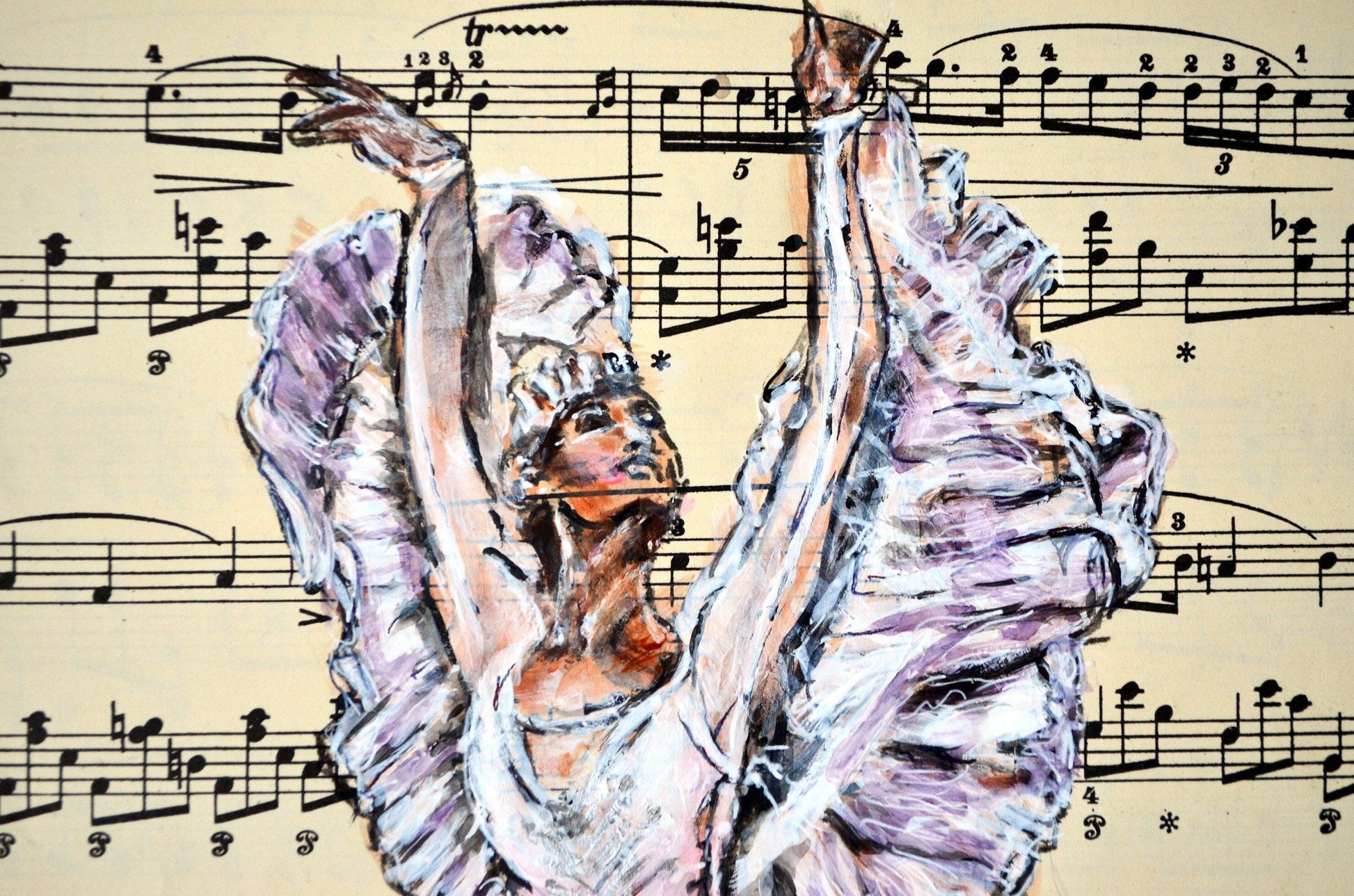 Framed Ballerina XXXI - Original Painting on Vintage Sheet Music Page - ArtCursor