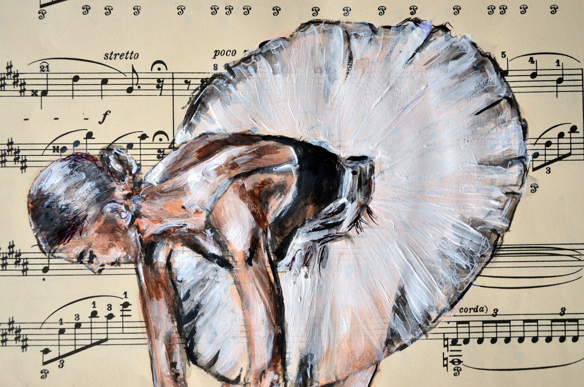 Framed Ballerina XXXII - Original Painting on Vintage Sheet Music Page - ArtCursor