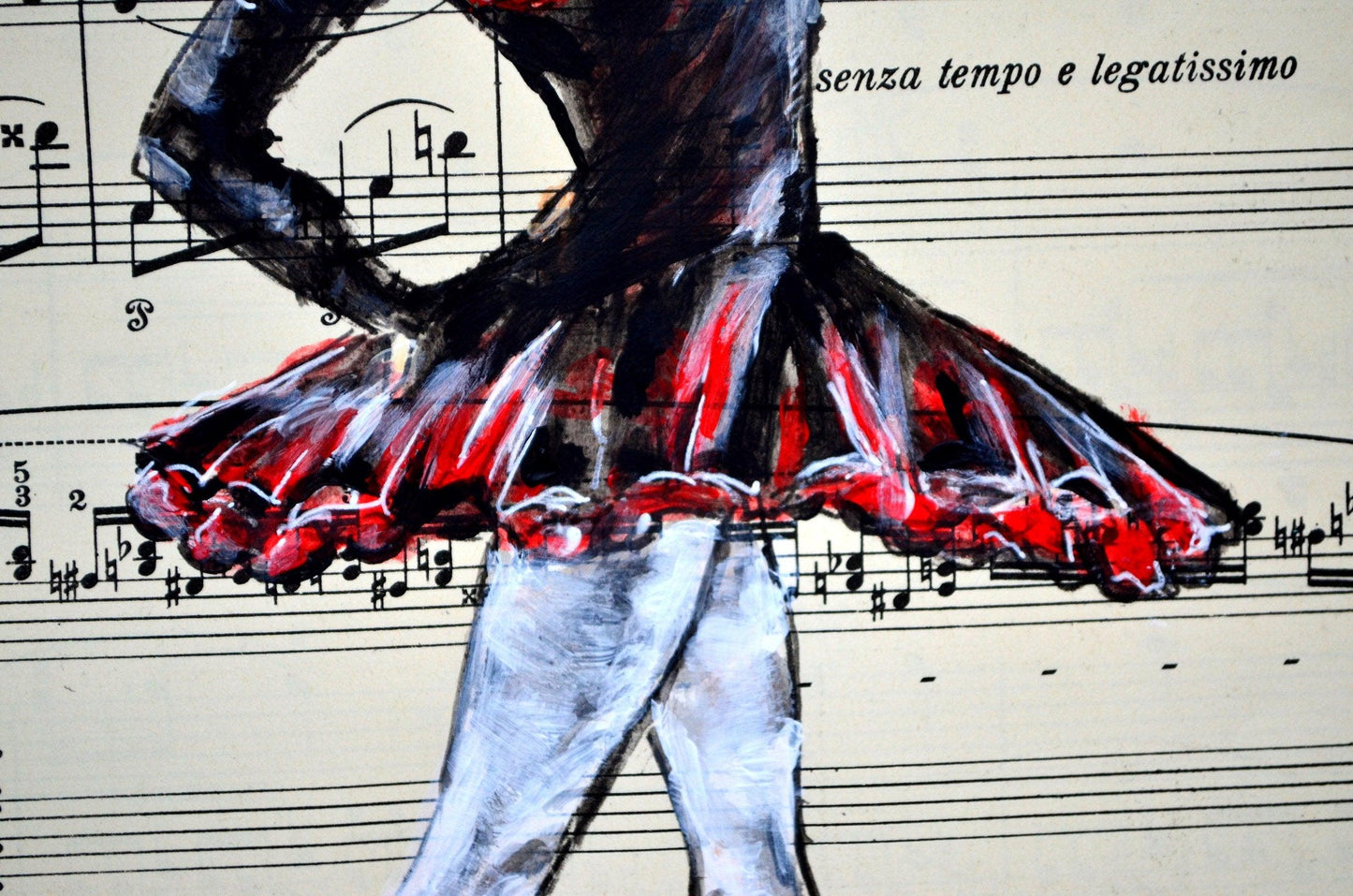 Framed Ballerina XL - Original Painting on Vintage Sheet Music Page - ArtCursor