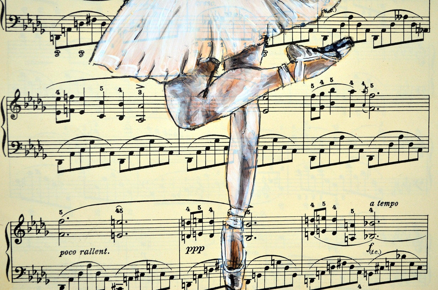 Framed Ballerina XLIII - Original Painting on Vintage Sheet Music Page - ArtCursor