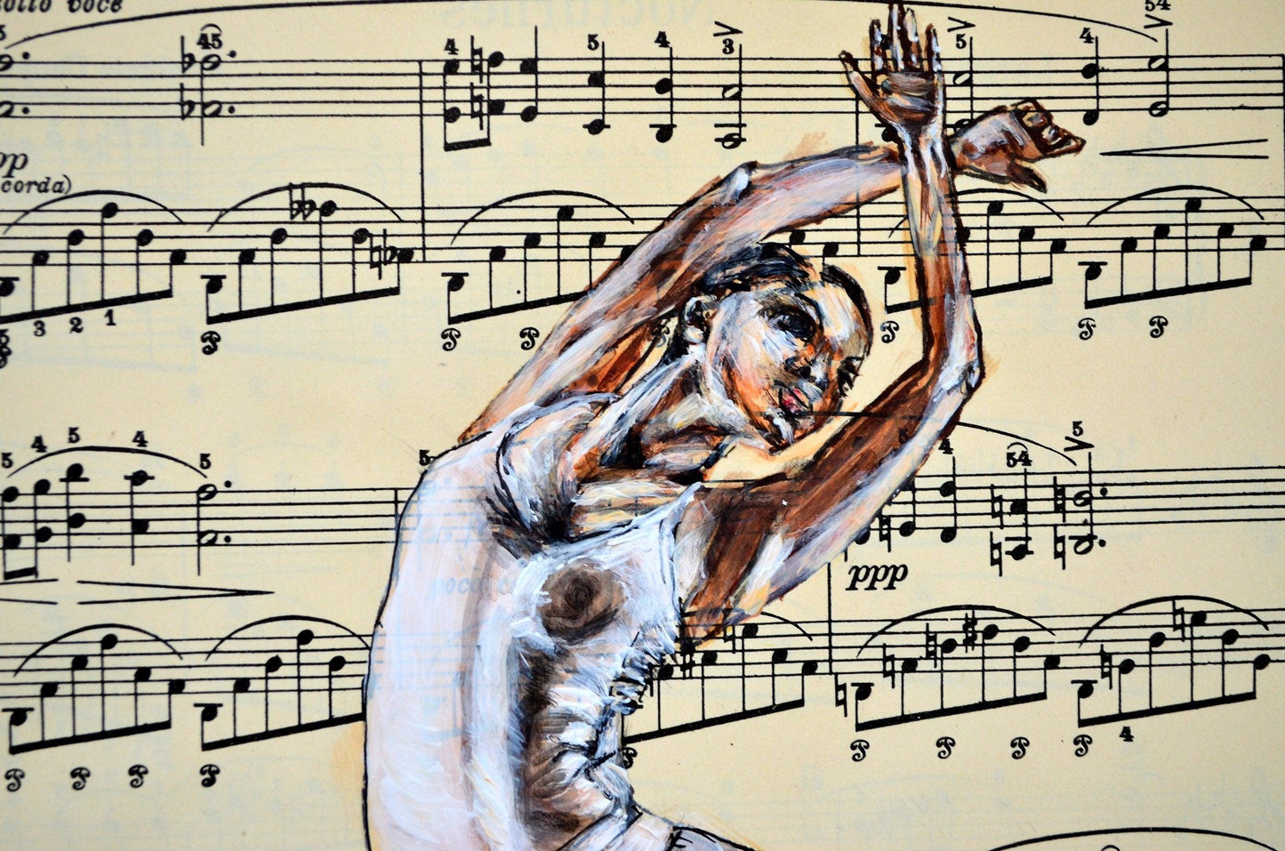 Framed Ballerina XLIII - Original Painting on Vintage Sheet Music Page - ArtCursor