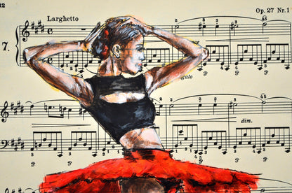 Framed Ballerina XLVII - Original Painting on Vintage Sheet Music Page - ArtCursor