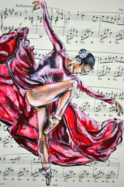 Framed Ballerina XLVIII - Original Painting on Vintage Sheet Music Page