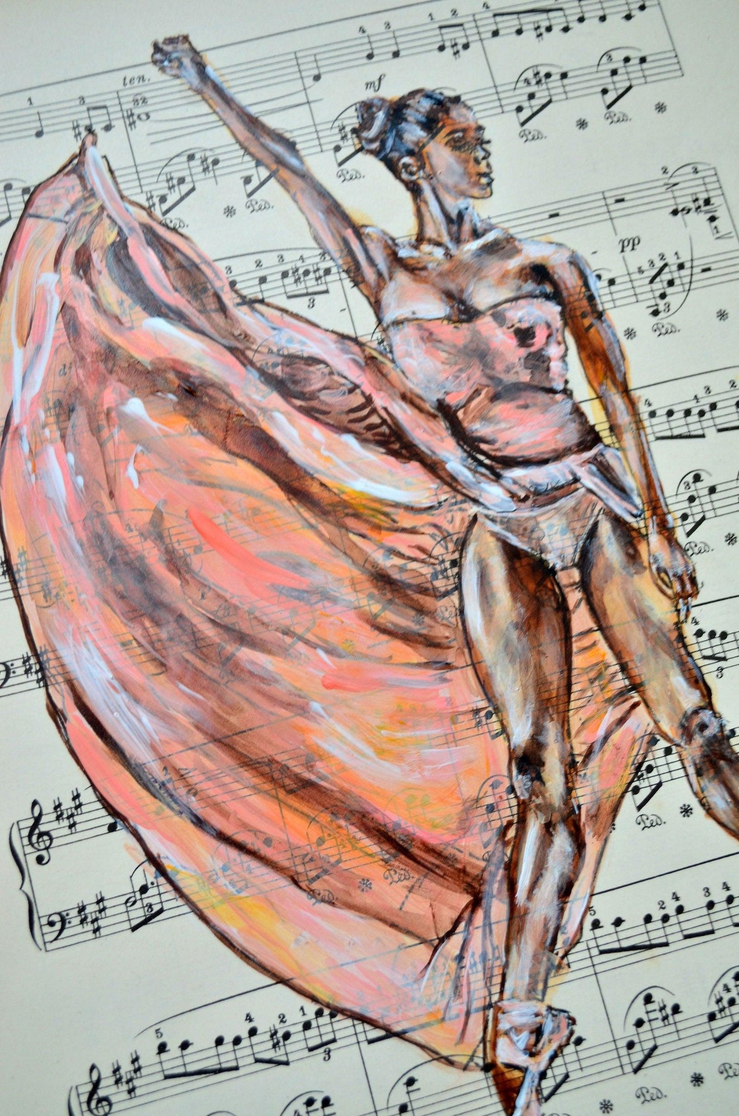 Framed Ballerina LI - Original Painting on Vintage Sheet Music Page - ArtCursor