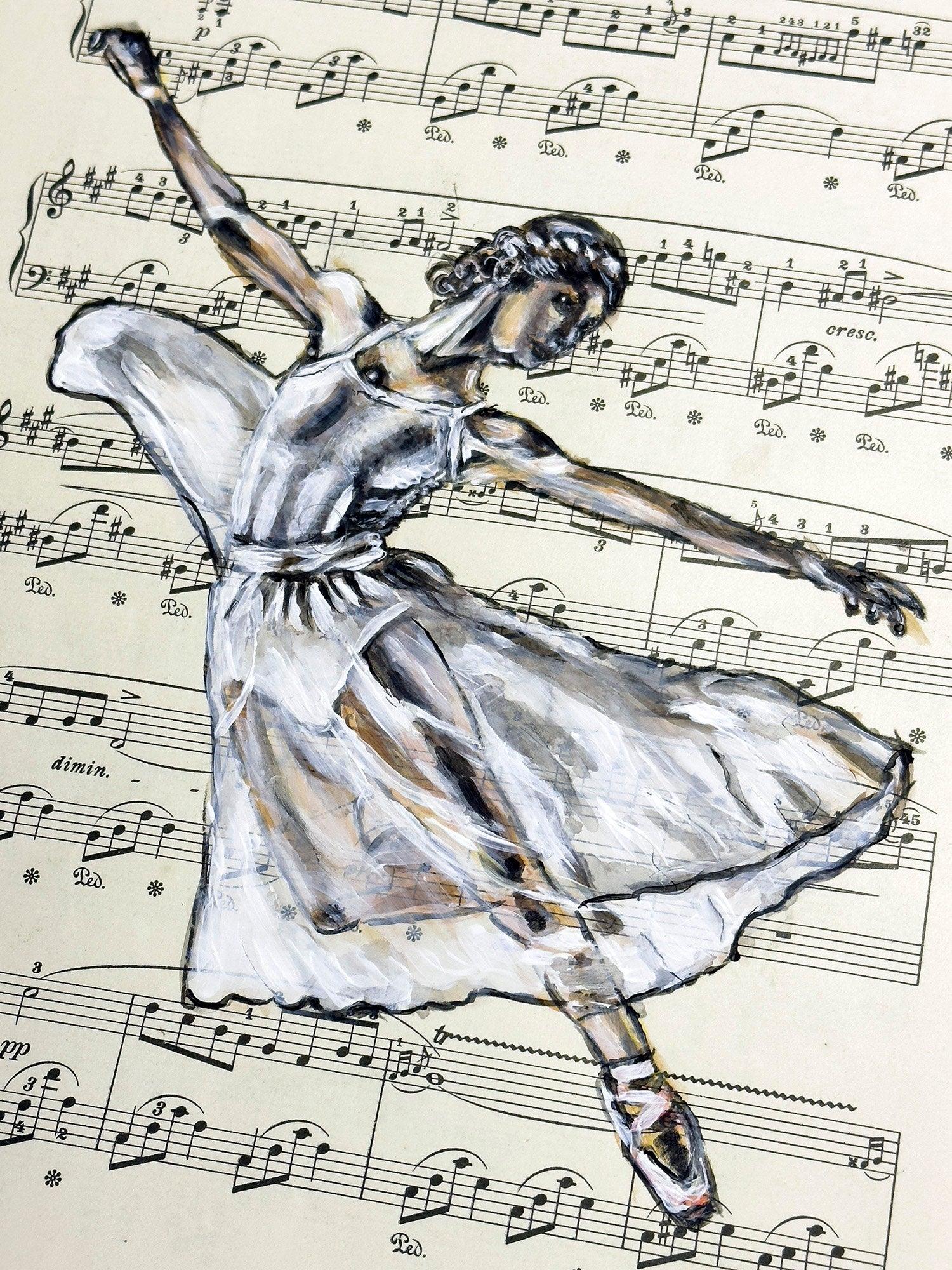 Framed Ballerina LII - Original Painting on Vintage Sheet Music Page - ArtCursor