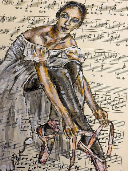 Framed Ballerina LIII - Original Painting on Vintage Sheet Music Page - ArtCursor