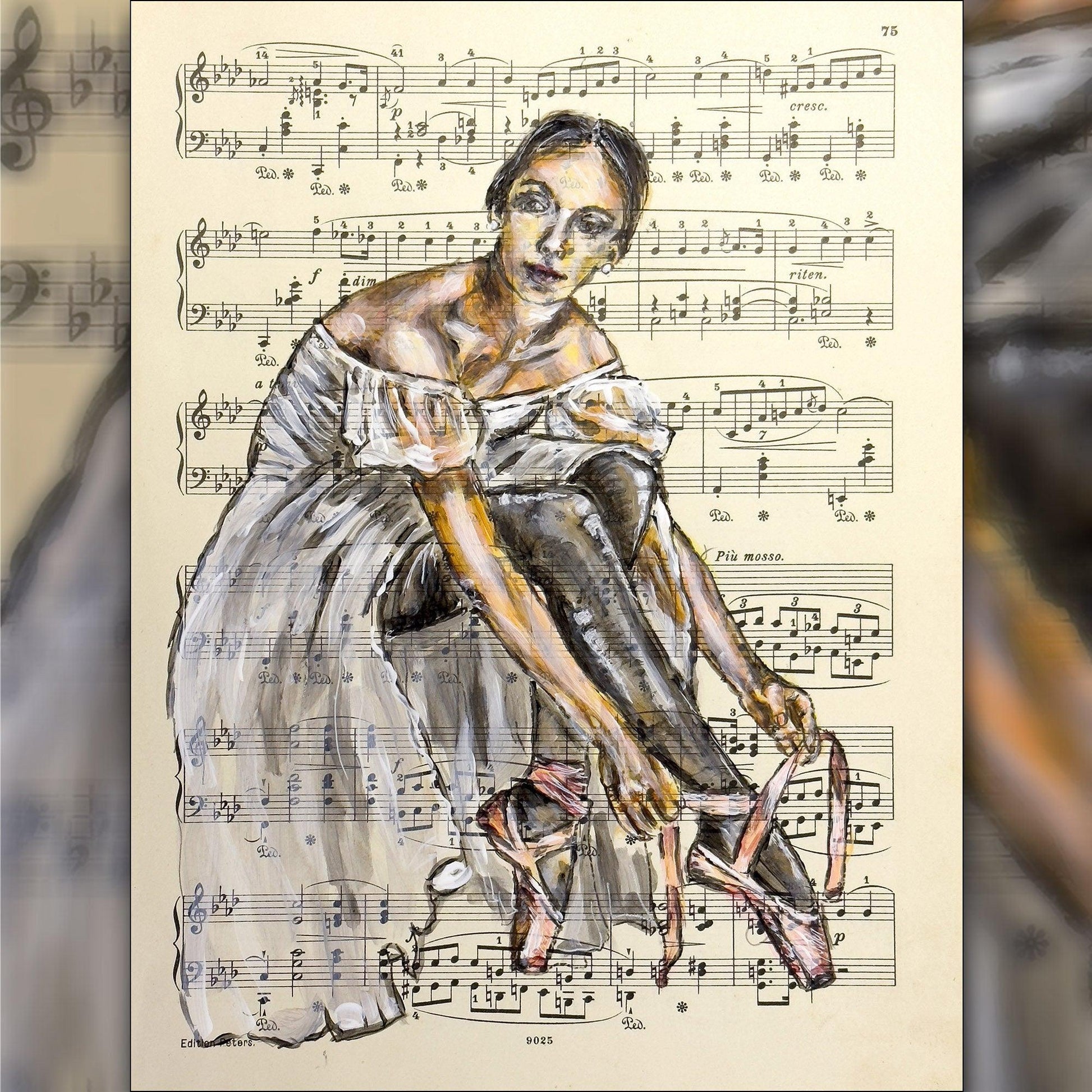 Framed Ballerina LIII - Original Painting on Vintage Sheet Music Page - ArtCursor