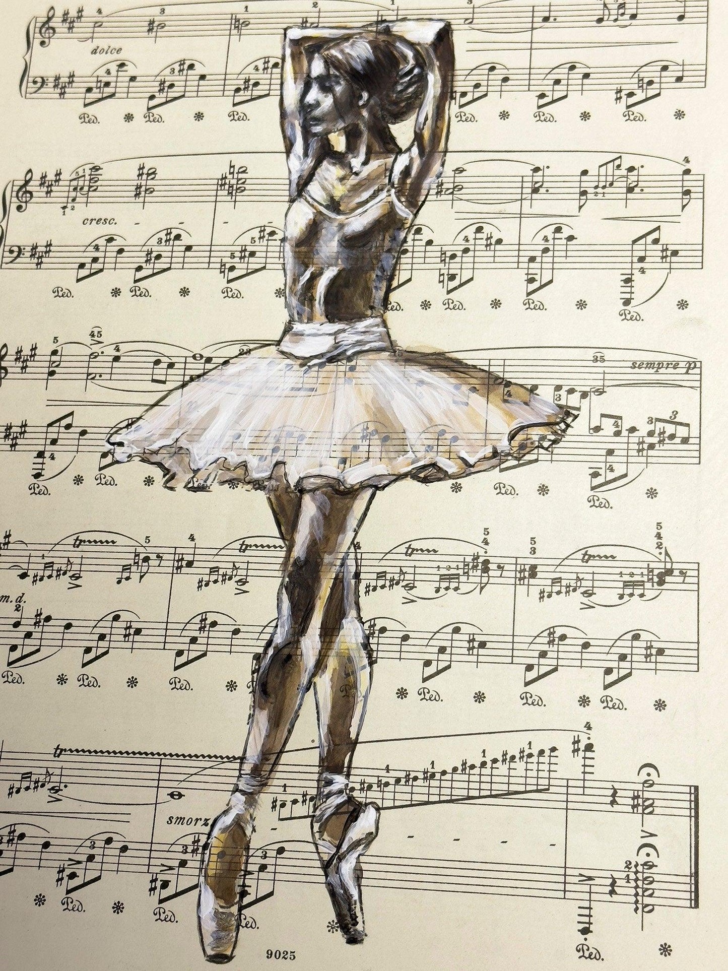 Framed Ballerina LIV - Original Painting on Vintage Sheet Music Page - ArtCursor