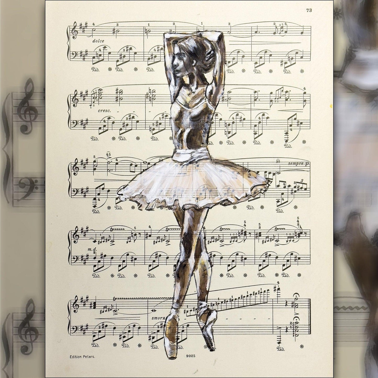 Framed Ballerina LIV - Original Painting on Vintage Sheet Music Page - ArtCursor