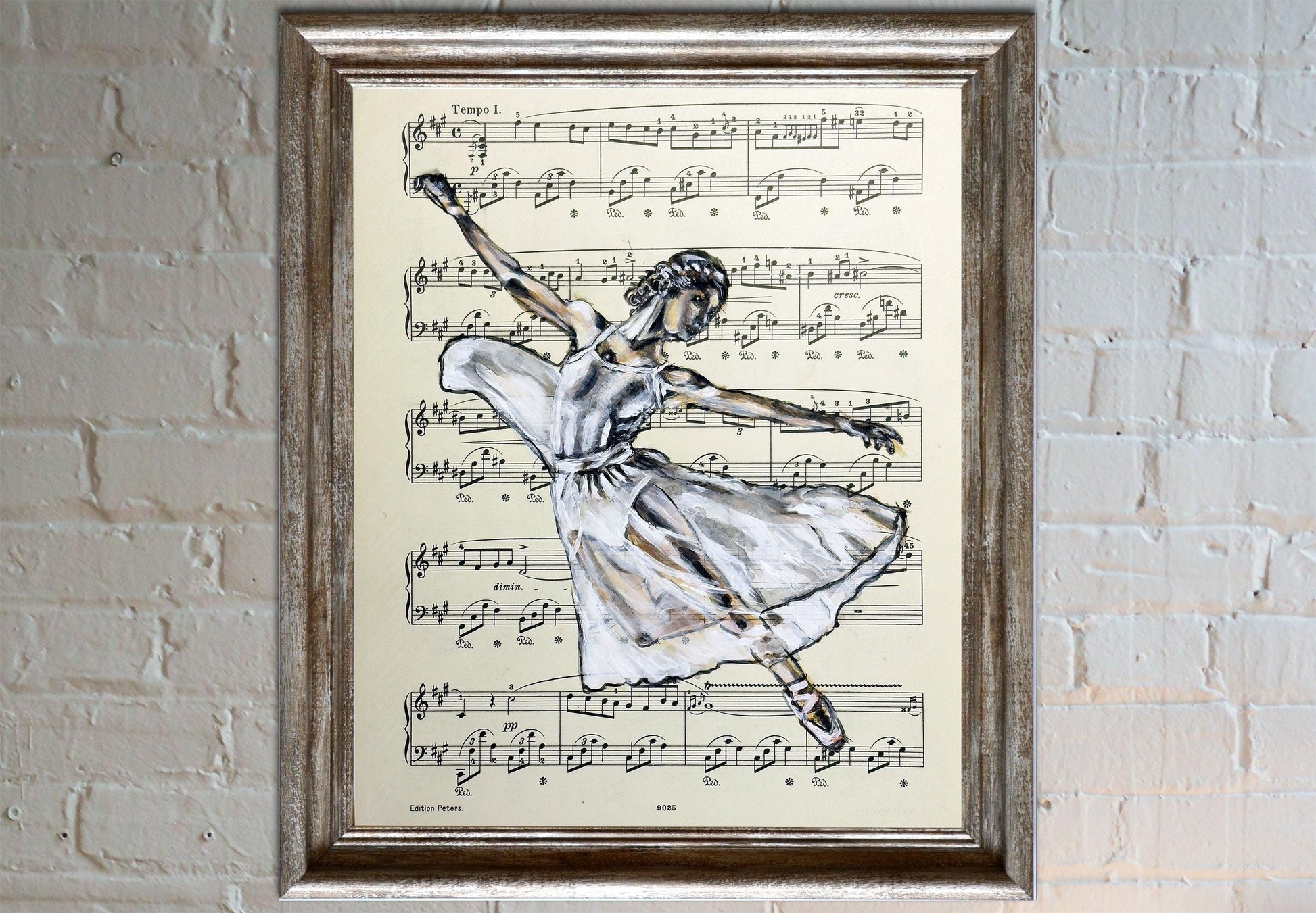 Framed Ballerina LII - Original Painting on Vintage Sheet Music Page - ArtCursor