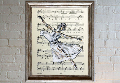 Framed Ballerina LII - Original Painting on Vintage Sheet Music Page - ArtCursor