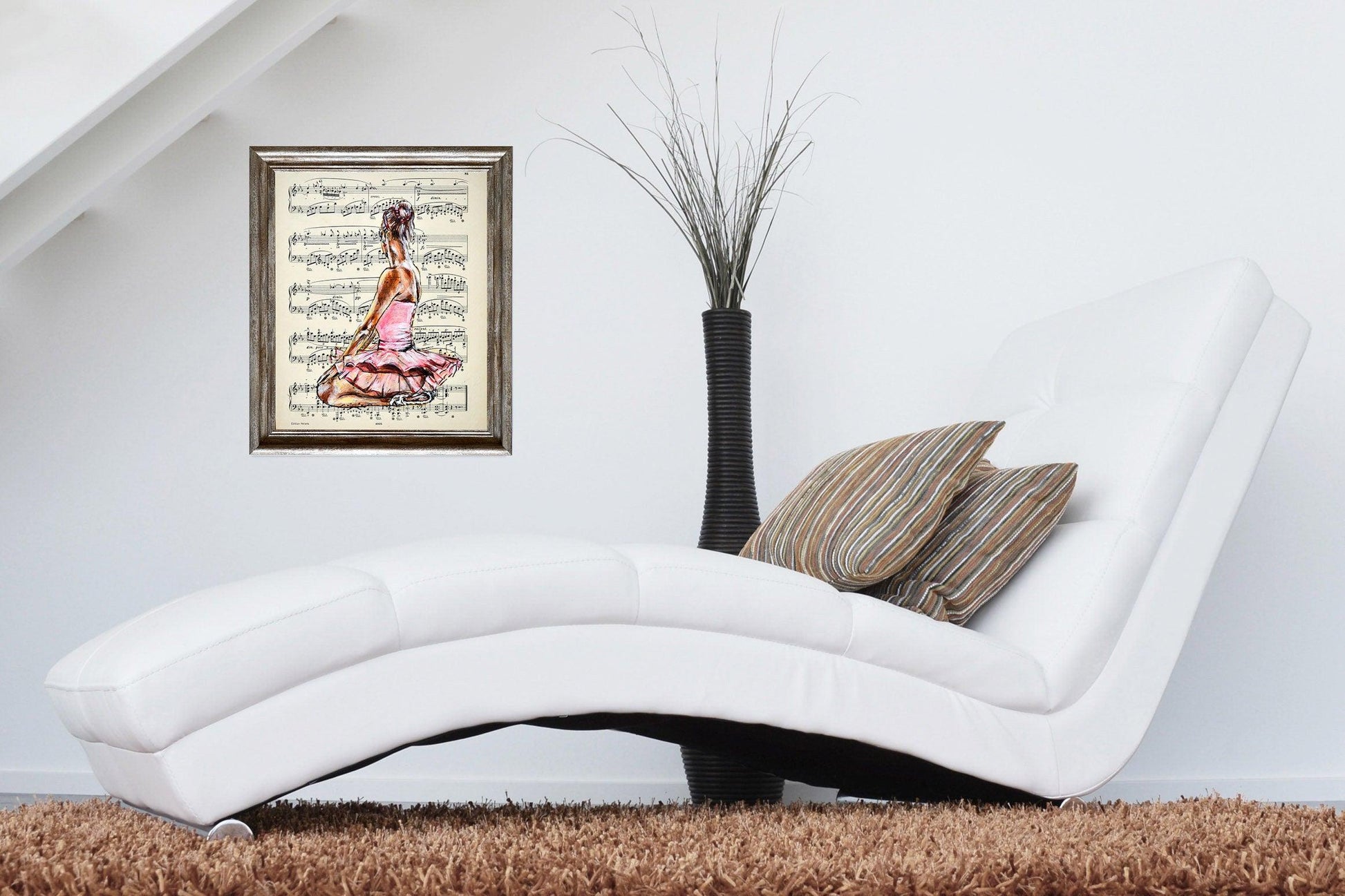 Framed Ballerina L - Original Painting on Vintage Sheet Music Page - ArtCursor