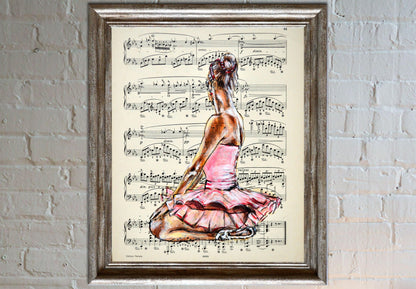 Framed Ballerina L - Original Painting on Vintage Sheet Music Page - ArtCursor