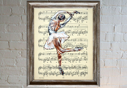 Framed Ballerina XLIX - Original Painting on Vintage Sheet Music Page - ArtCursor