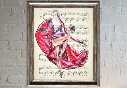 Framed Ballerina XLVIII - Original Painting on Vintage Sheet Music Page