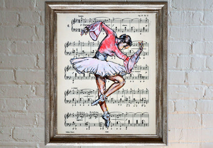 Framed Ballerina XLI - Original Painting on Vintage Sheet Music Page - ArtCursor