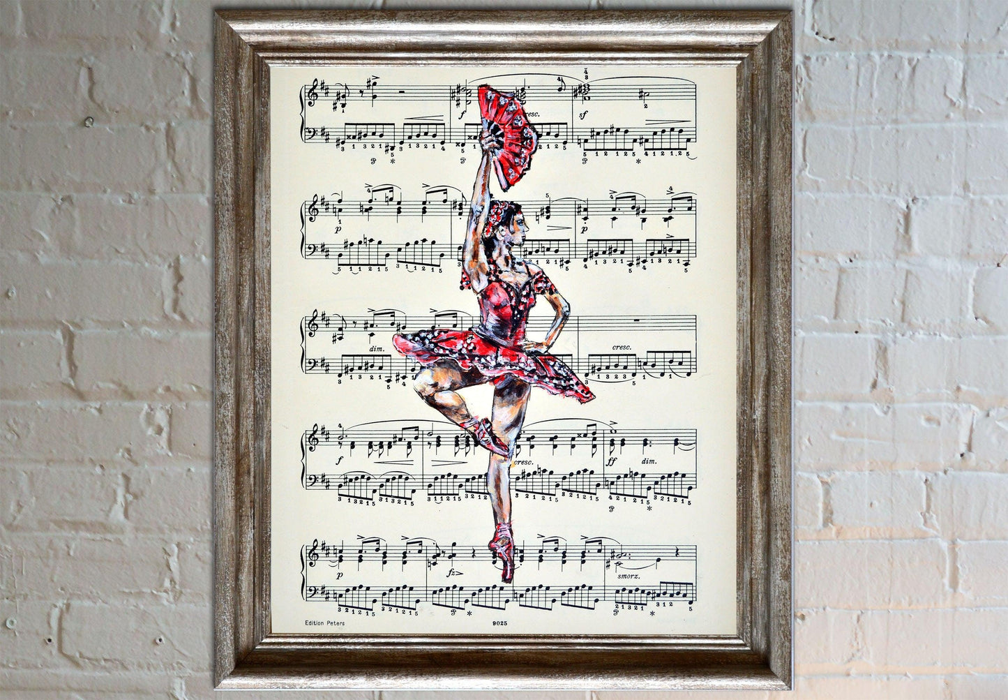 Framed Ballerina XXXIX - Original Painting on Vintage Sheet Music Page - ArtCursor