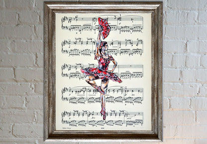 Framed Ballerina XXXIX - Original Painting on Vintage Sheet Music Page - ArtCursor