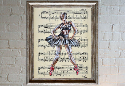 Framed Ballerina XXXIV - Original Painting on Vintage Sheet Music Page - ArtCursor