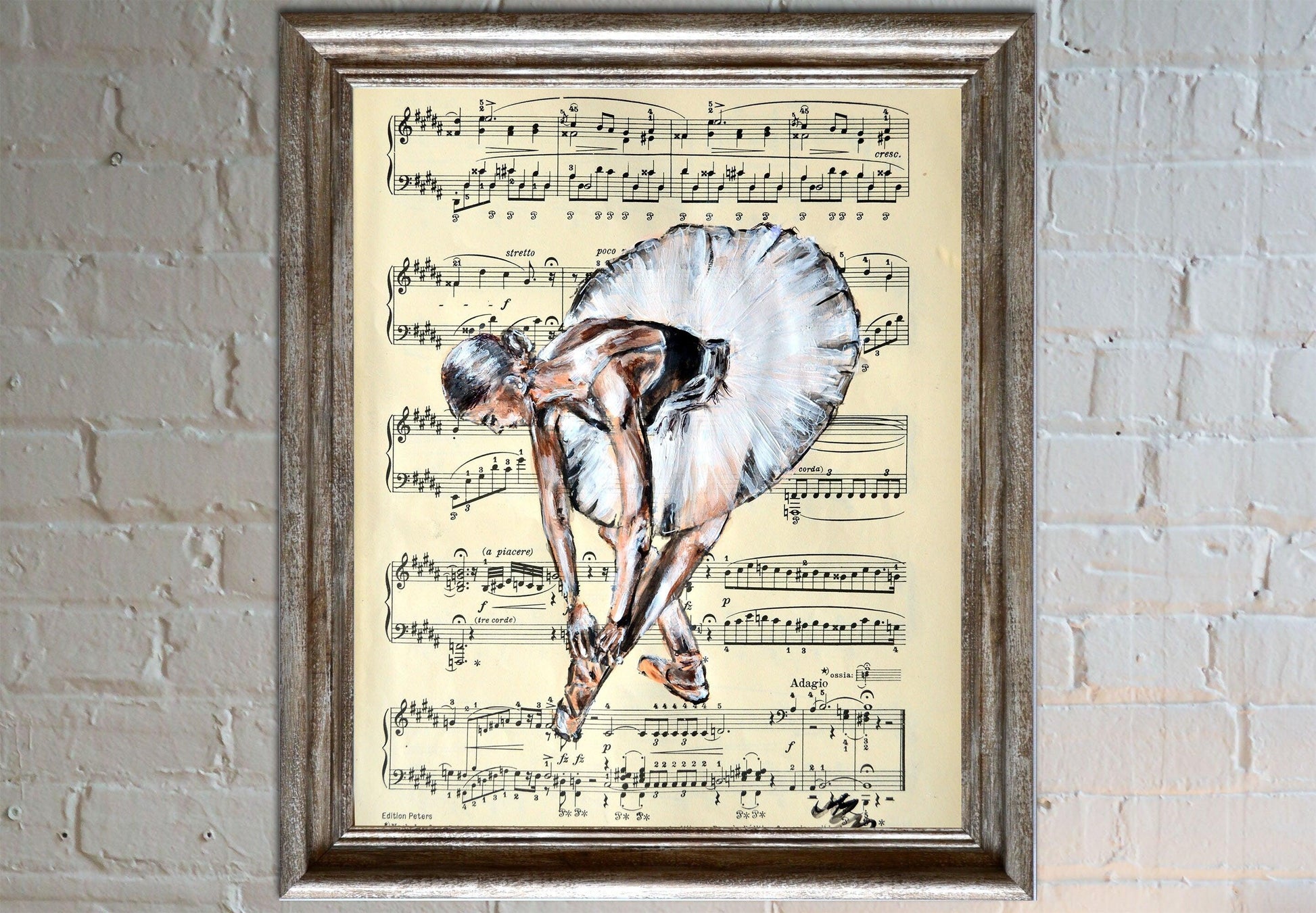 Framed Ballerina XXXII - Original Painting on Vintage Sheet Music Page - ArtCursor