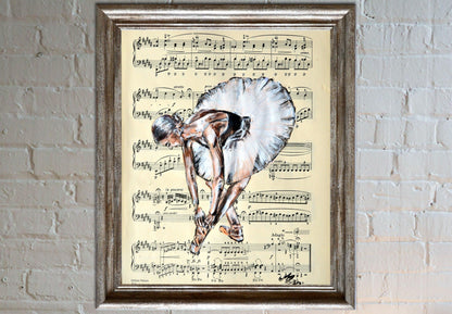 Framed Ballerina XXXII - Original Painting on Vintage Sheet Music Page - ArtCursor