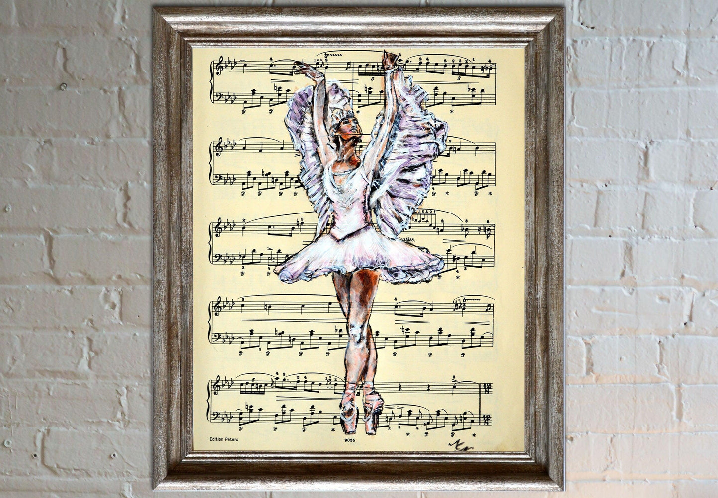 Framed Ballerina XXXI - Original Painting on Vintage Sheet Music Page - ArtCursor
