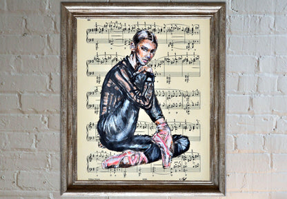 Framed Ballerina XXX - Original Painting on Vintage Sheet Music Page - ArtCursor