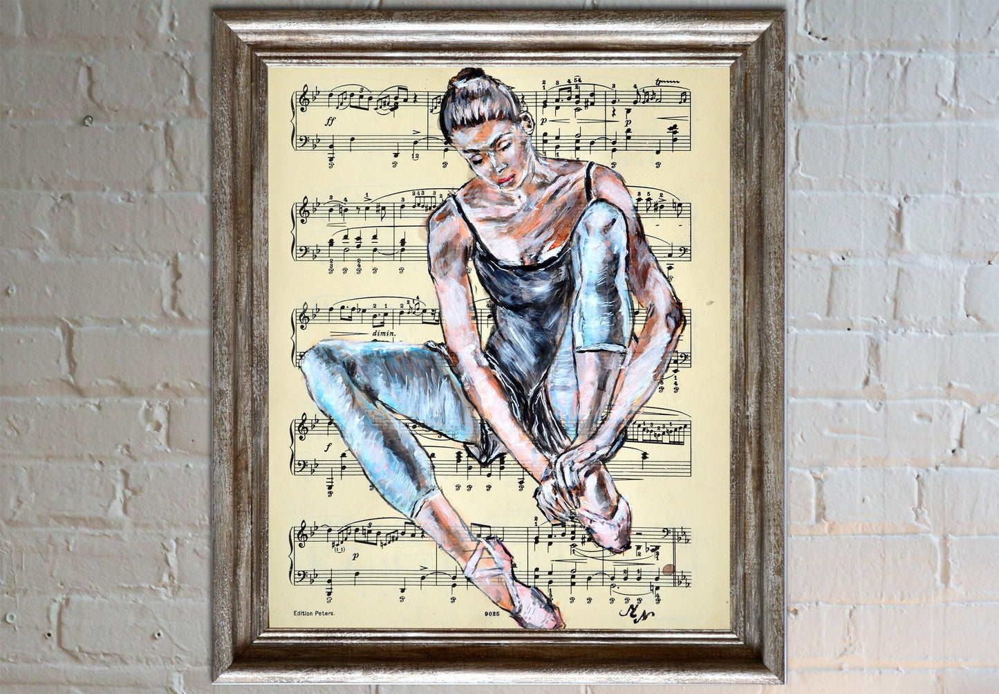 Framed Ballerina XXVI - Original Painting on Vintage Sheet Music Page - ArtCursor