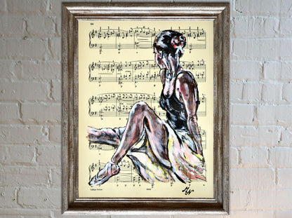 Framed Ballerina XXIII - Original Painting on Vintage Sheet Music Page - ArtCursor