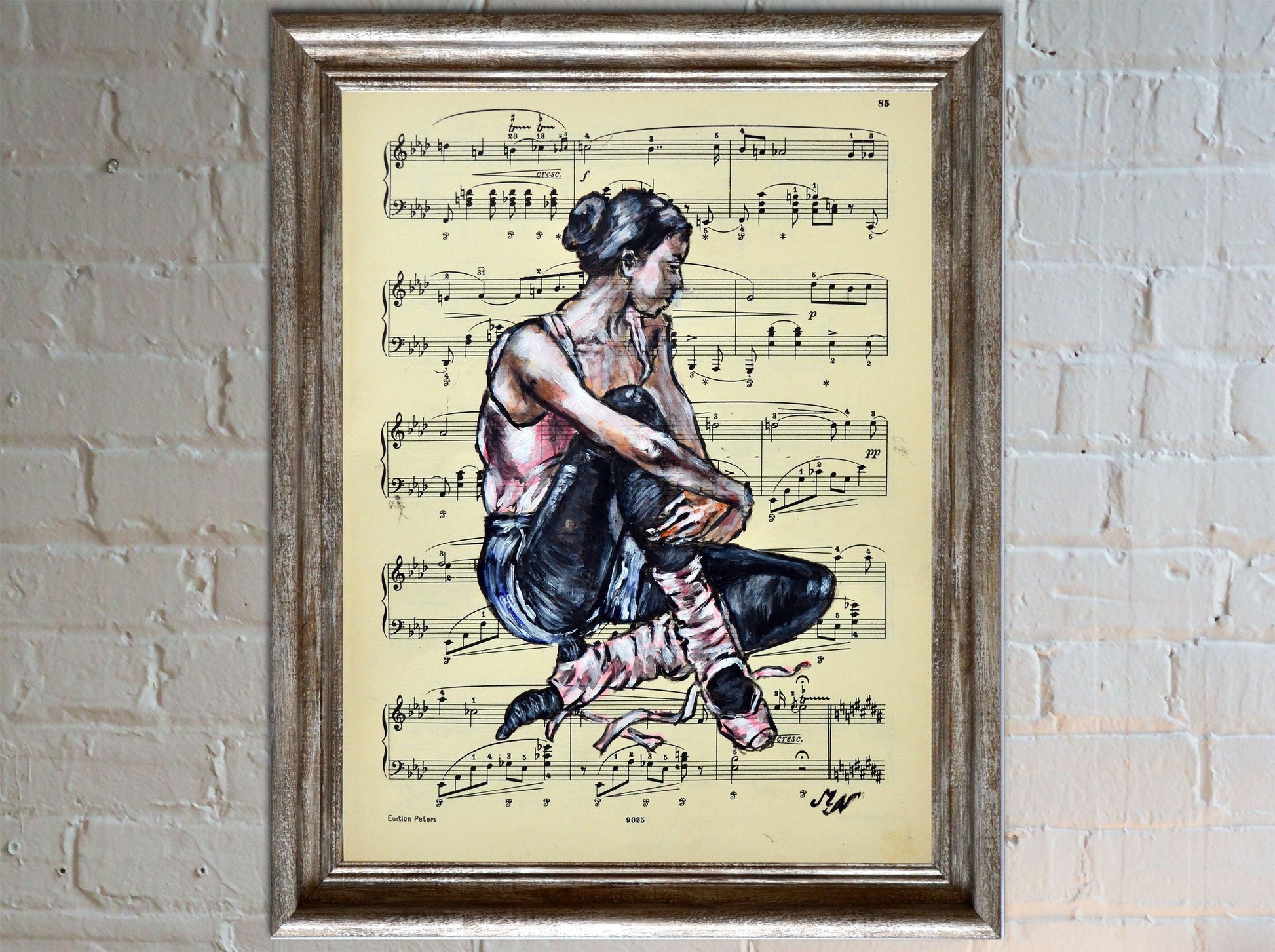Framed Ballerina XXI - Original Painting on Vintage Sheet Music Page - ArtCursor