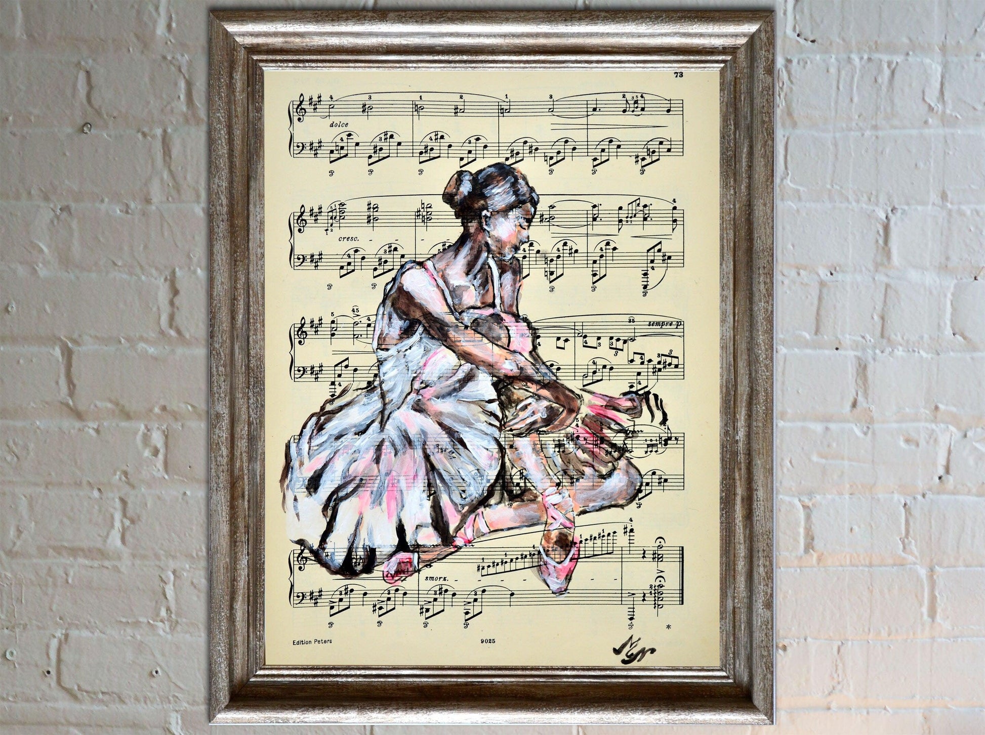 Framed Ballerina XIX - Original Painting on Vintage Sheet Music Page - ArtCursor