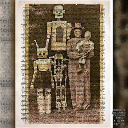 Fancy Robot Family - Victorian Gothic Art on Vintage Dictionary Page - ArtCursor